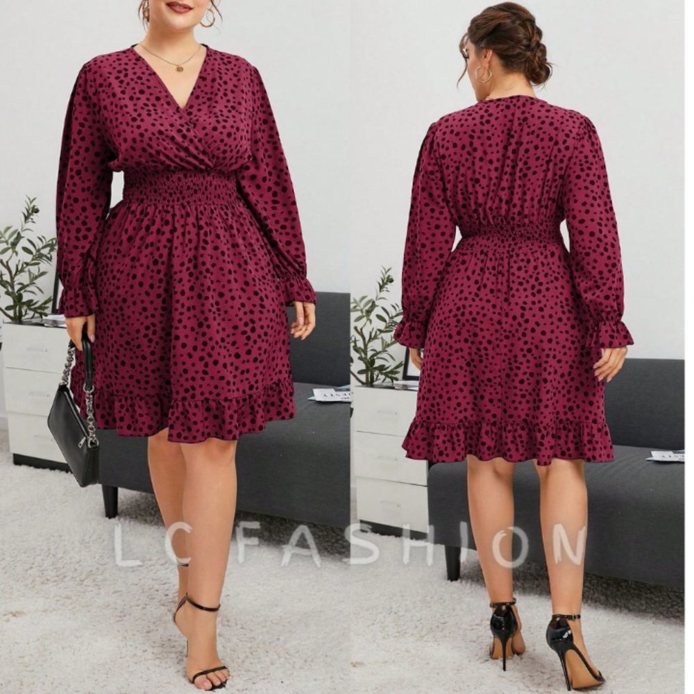 Plus Boho Dress, Dalmatian Print Shirred Waist Flounce Sleeve Ruffle Hem Dress